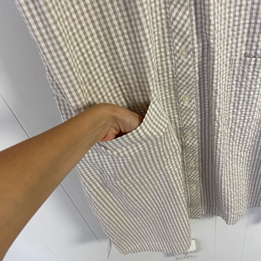 Denim & Co Womens XL Gingham Shirt Dress Tan White Cotton Short Sleeve Belted - Picture 6 of 8